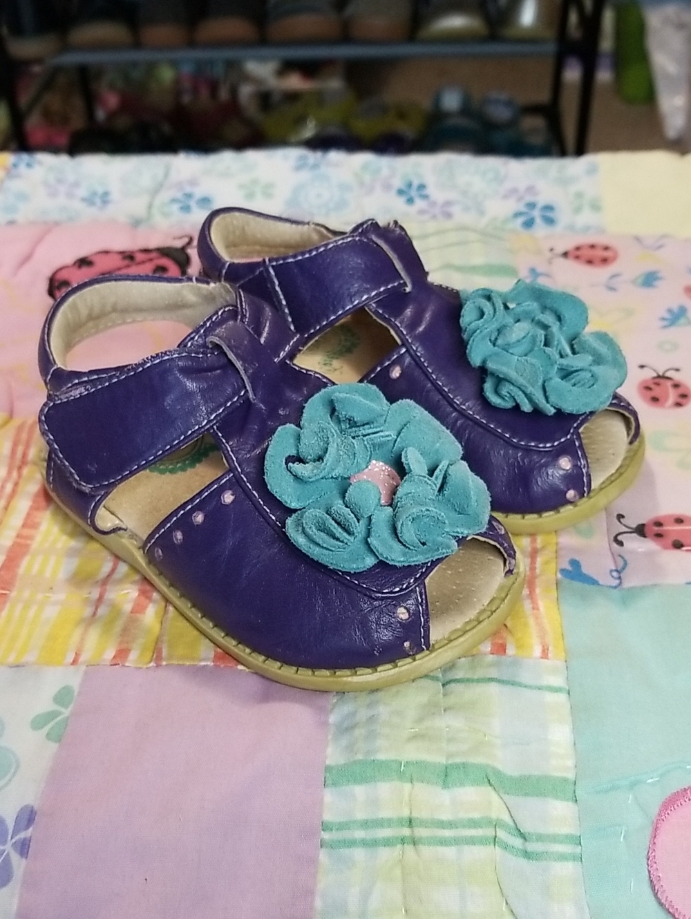 Livie & Luca Purple Leather Sandals with Teal Suede Flowers Size 6 Blooms